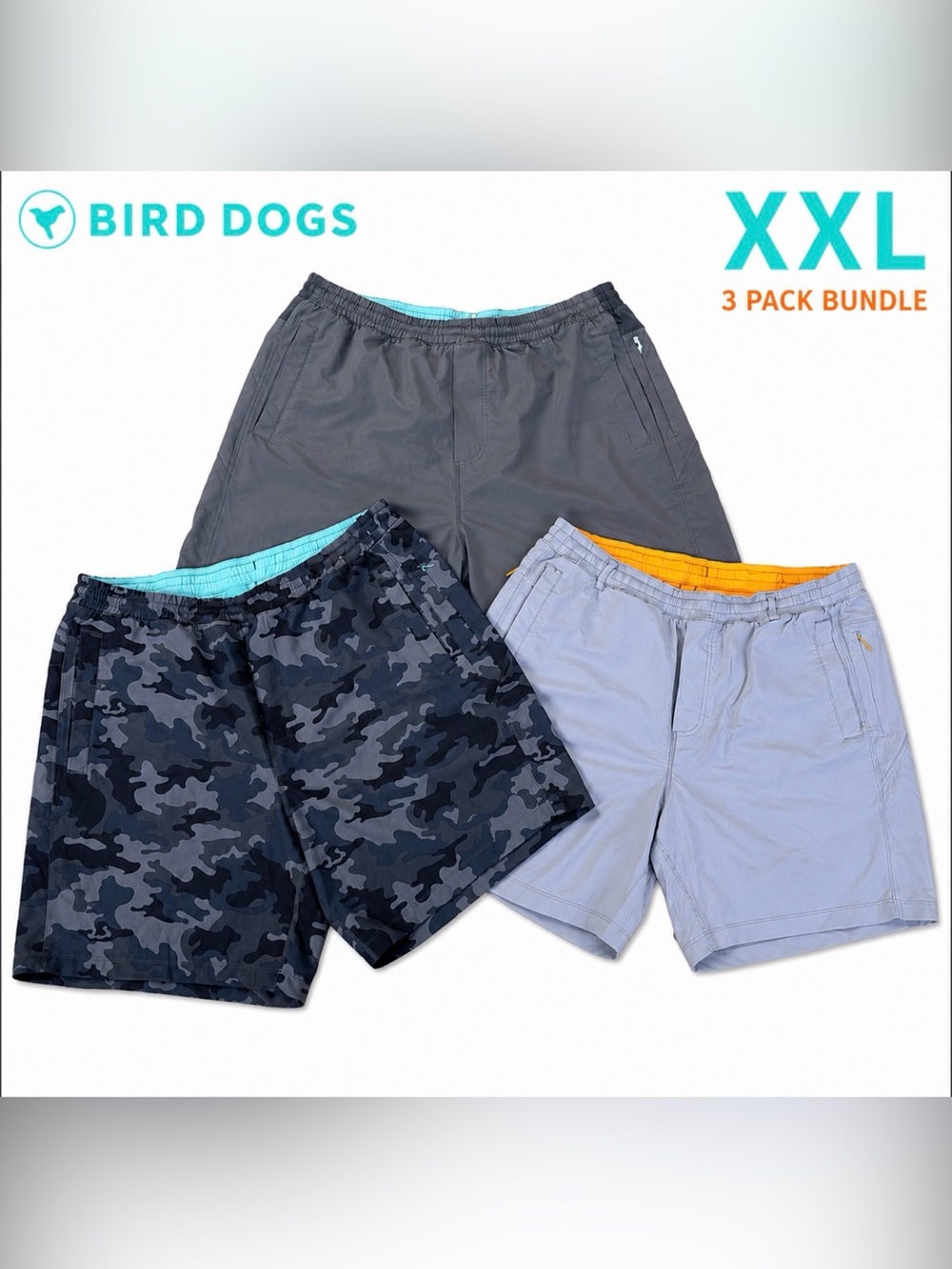 Bird Dogs Boom XXL BirdLiner Lined Shorts 3 Pack Bundle Colorblock Camo Gray Run